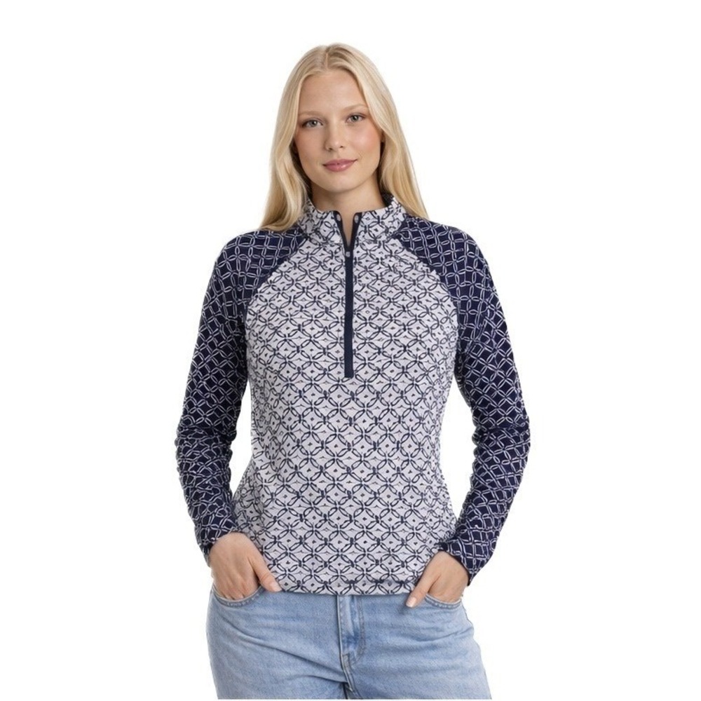 Aqua et Sol Sun Swim Top Women's Size Large Navy White Quarter Zip Rash Guard